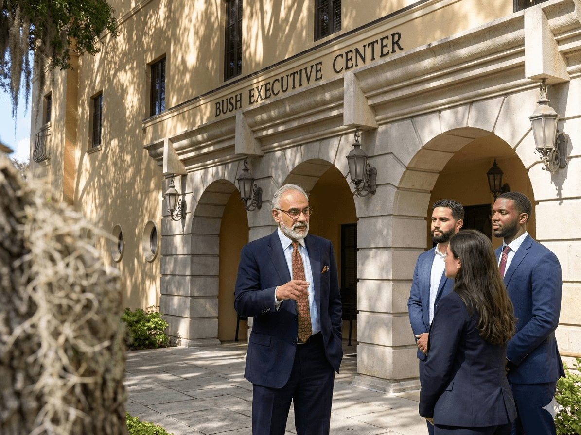 Anil Menon at the Bush Executive Center speaking with executive education leaders