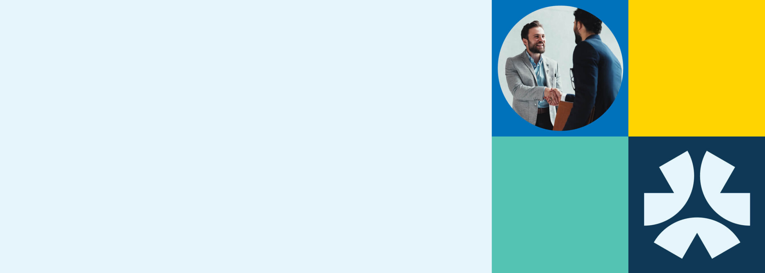 Two professionals shaking hands against a blue background, alongside a teal block and a dark navy block featuring The Rick Goings Institute logomark in white.